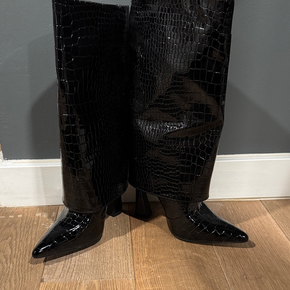 ASOS Glossy Black Croc-Pattern Heeled Boots